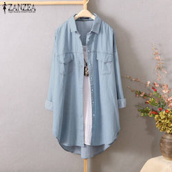 Plus Size Tunic Women's Denim Blue Blouse 2020 ZANZEA Elegant Shirt Long Sleeve Asymmetrical Blusas Female Lapel Button Jean Top