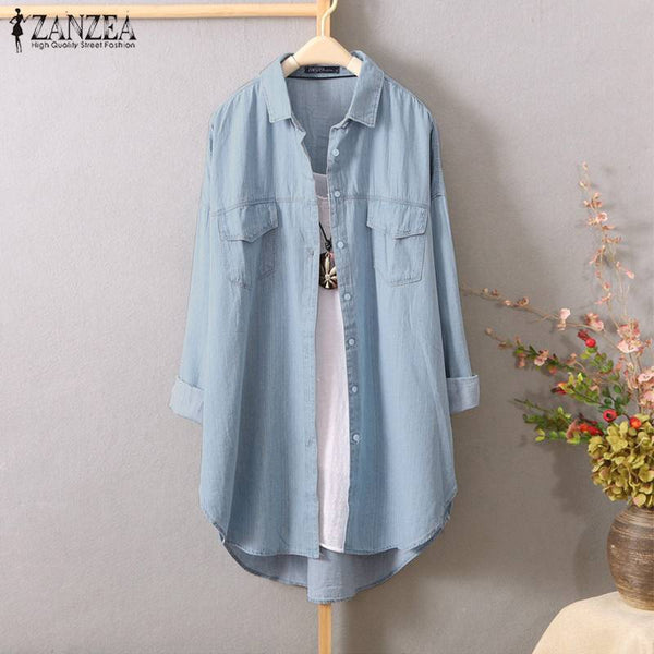 Plus Size Tunic Women's Denim Blue Blouse 2020 ZANZEA Elegant Shirt Long Sleeve Asymmetrical Blusas Female Lapel Button Jean Top