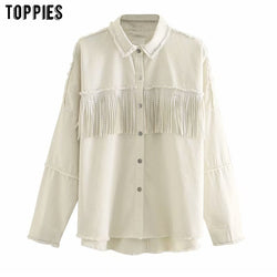toppies 2020 fashion breasted tassel jacket white jean jacket coat womens rivet denim coat soutwear