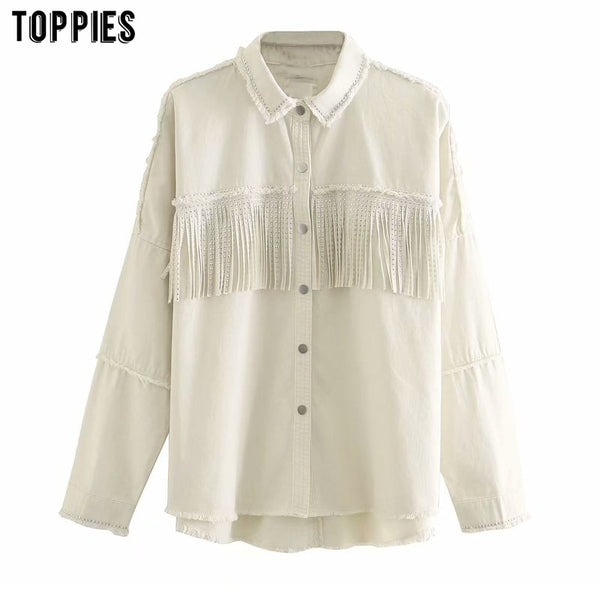 toppies 2020 fashion breasted tassel jacket white jean jacket coat womens rivet denim coat soutwear
