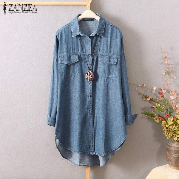2020 ZANZEA Fashion Denim Blue Shirts Women's Autumn BlouseLong Sleeve Jean Work Blusas Female Lapel Button Top Plus Size Tunic