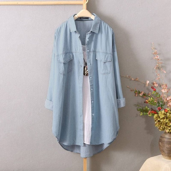 2020 ZANZEA Fashion Denim Blue Shirts Women's Autumn BlouseLong Sleeve Jean Work Blusas Female Lapel Button Top Plus Size Tunic