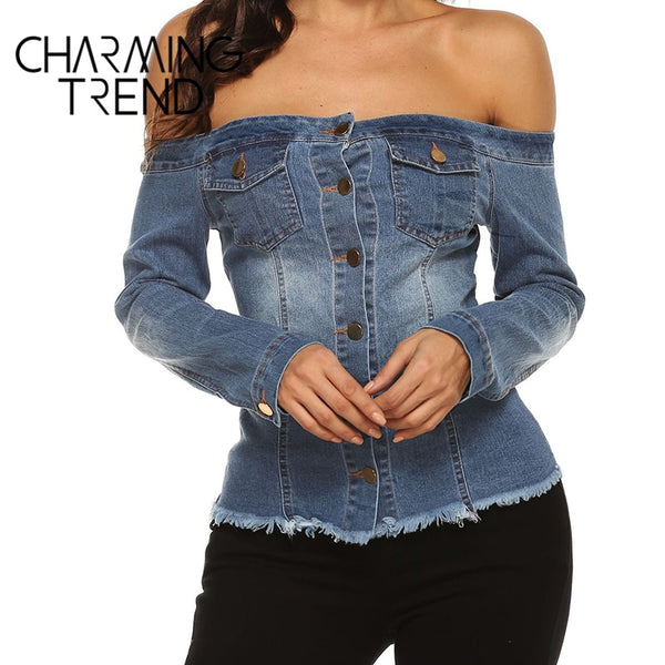 Women Blouse Chic Denim Women Shirt Spring Summer Long Sleeve Sexy Off Shoulder Button Double Pocket Jean Distress Women Tops