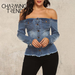 Women Blouse Chic Denim Women Shirt Spring Summer Long Sleeve Sexy Off Shoulder Button Double Pocket Jean Distress Women Tops