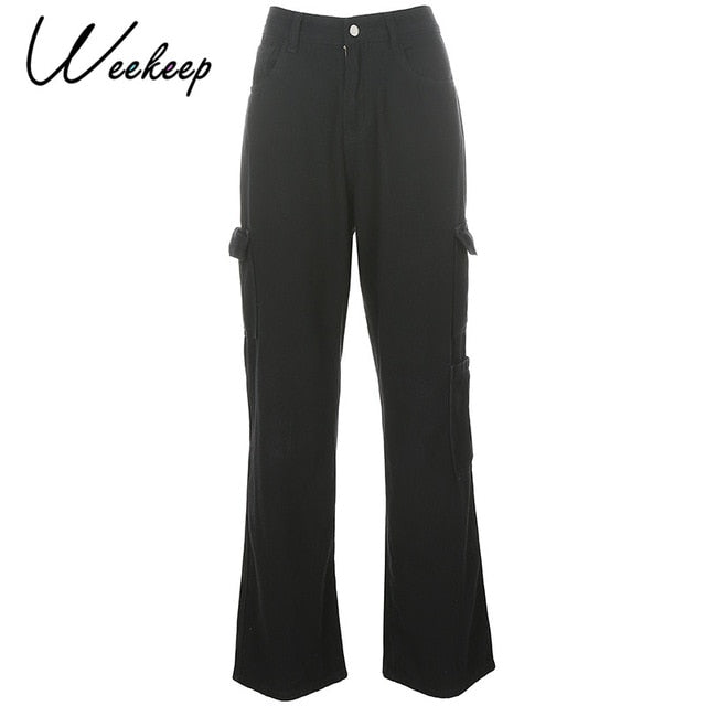 Weekeep Fashion Pocket White Women's Jeans Streetwear High Waist Jeans Vintage Straight Harajuku 2020 Denim Pants Cargo Pants