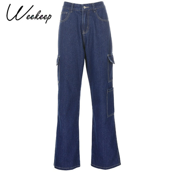 Weekeep Fashion Pocket White Women's Jeans Streetwear High Waist Jeans Vintage Straight Harajuku 2020 Denim Pants Cargo Pants