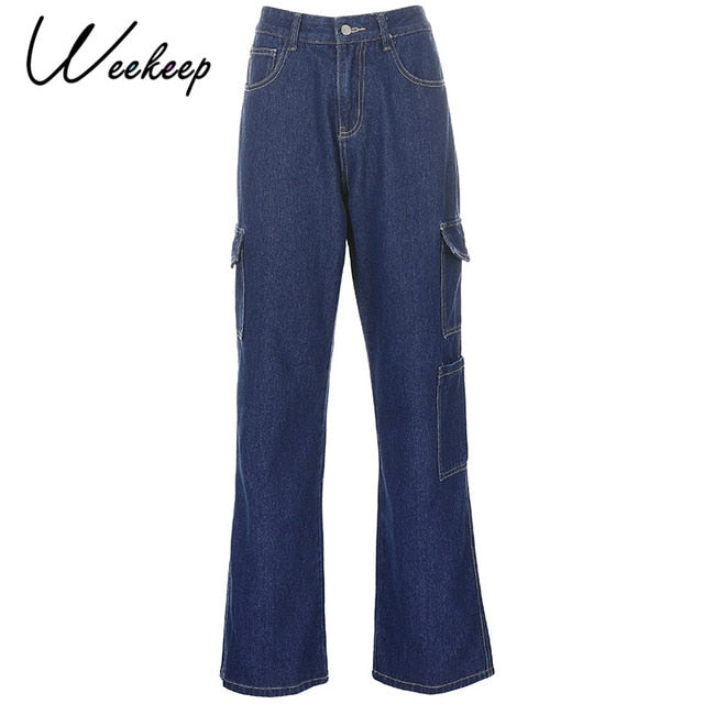 Weekeep Fashion Pocket White Women's Jeans Streetwear High Waist Jeans Vintage Straight Harajuku 2020 Denim Pants Cargo Pants