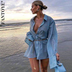FANTOYE Women Blue Blouse Dress Turndown Collar Long Sleeve Jeans Dress  Femme Top High Waist Shirt Dress With Metal Waist Chain