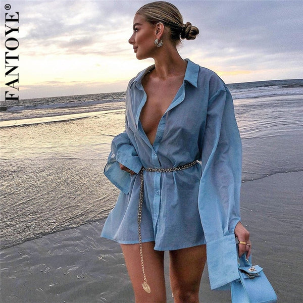 FANTOYE Women Blue Blouse Dress Turndown Collar Long Sleeve Jeans Dress  Femme Top High Waist Shirt Dress With Metal Waist Chain