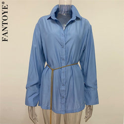 FANTOYE Women Blue Blouse Dress Turndown Collar Long Sleeve Jeans Dress  Femme Top High Waist Shirt Dress With Metal Waist Chain