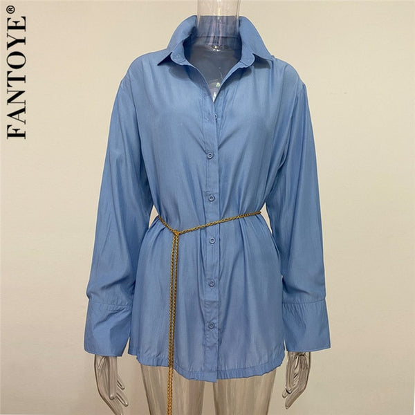 FANTOYE Women Blue Blouse Dress Turndown Collar Long Sleeve Jeans Dress  Femme Top High Waist Shirt Dress With Metal Waist Chain
