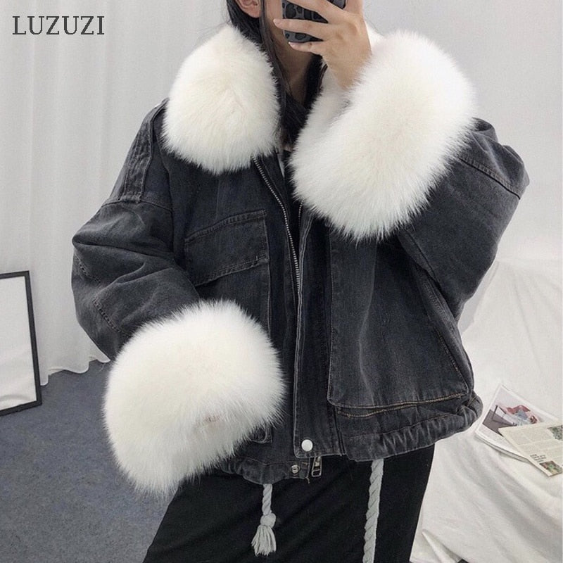 LUZUZI Warm Bomber Women's Winter Jacket Coat Female Jeans Jacket Basic Ladies Top Windbreaker Denim Jackets Overcoat Plus Size