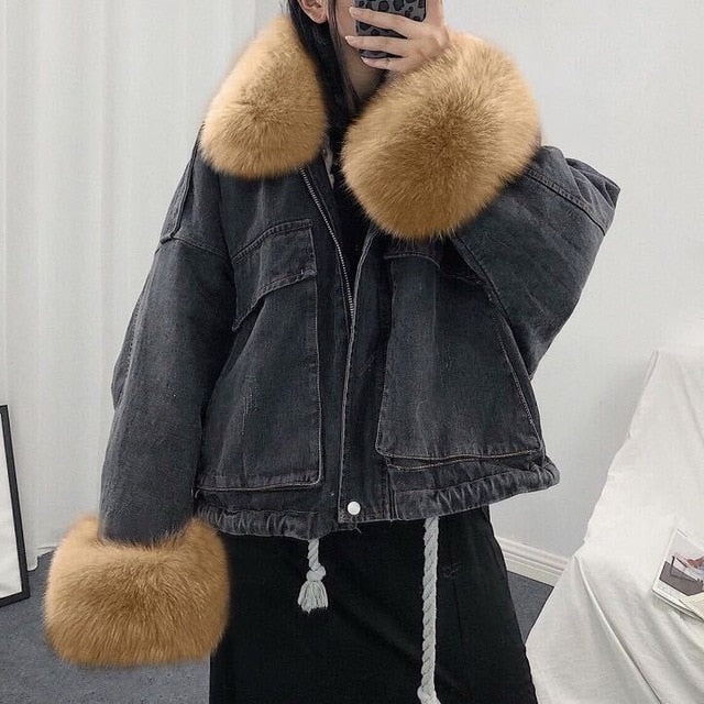 LUZUZI Warm Bomber Women's Winter Jacket Coat Female Jeans Jacket Basic Ladies Top Windbreaker Denim Jackets Overcoat Plus Size