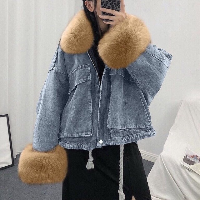 LUZUZI Warm Bomber Women's Winter Jacket Coat Female Jeans Jacket Basic Ladies Top Windbreaker Denim Jackets Overcoat Plus Size