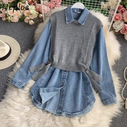 Neploe Chic Fake Two Piece Turn-down Collar All-match Shirts 2021 Knitted Patchwork Jeans Blouses Women Casual Slim Blusas 1H847
