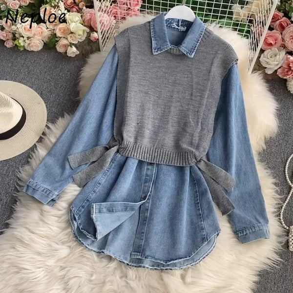 Neploe Chic Fake Two Piece Turn-down Collar All-match Shirts 2021 Knitted Patchwork Jeans Blouses Women Casual Slim Blusas 1H847