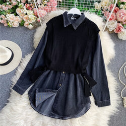 Neploe Chic Fake Two Piece Turn-down Collar All-match Shirts 2021 Knitted Patchwork Jeans Blouses Women Casual Slim Blusas 1H847