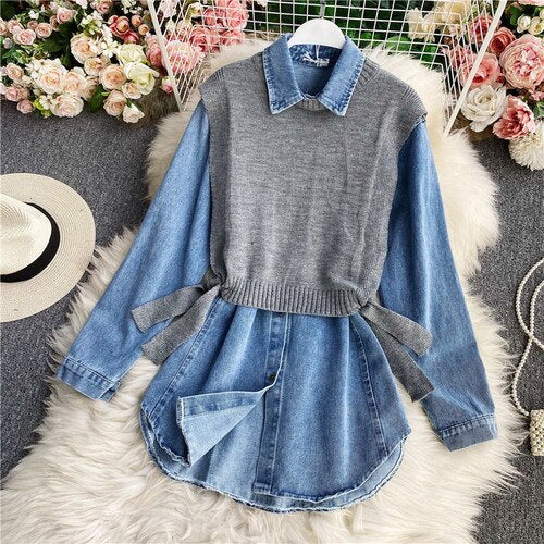 Neploe Chic Fake Two Piece Turn-down Collar All-match Shirts 2021 Knitted Patchwork Jeans Blouses Women Casual Slim Blusas 1H847