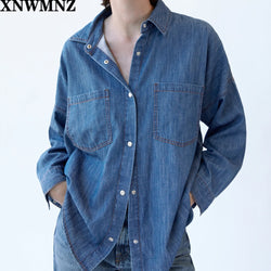 Za fall 2020 women denim shirts boyfriend style oversized long shirts fashion jeans tops streetwear button down High quality