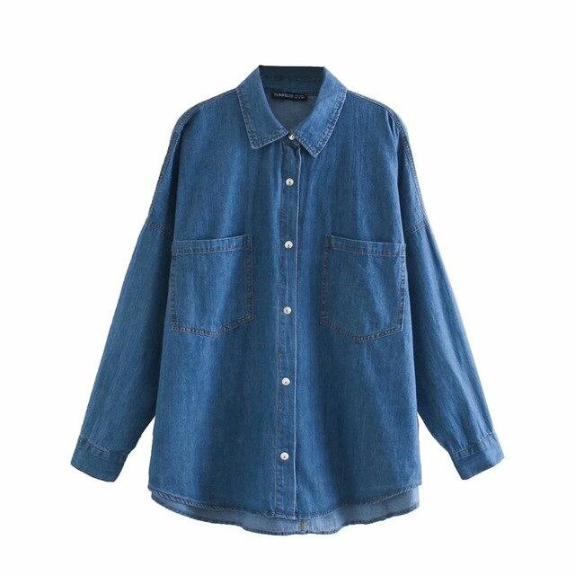 Za fall 2020 women denim shirts boyfriend style oversized long shirts fashion jeans tops streetwear button down High quality