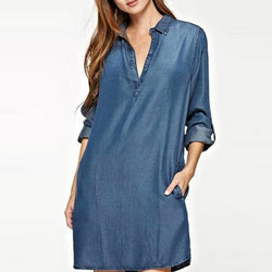 S-5XL Women Fashion Deep V Neck Plunge Sexy Denim Blue Jean Look Fold Sleeve Turn Down Collared Mini Shirt Dress Vestido Plus