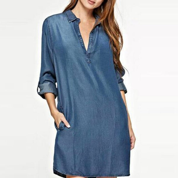 S-5XL Women Fashion Deep V Neck Plunge Sexy Denim Blue Jean Look Fold Sleeve Turn Down Collared Mini Shirt Dress Vestido Plus