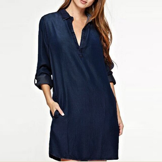 S-5XL Women Fashion Deep V Neck Plunge Sexy Denim Blue Jean Look Fold Sleeve Turn Down Collared Mini Shirt Dress Vestido Plus